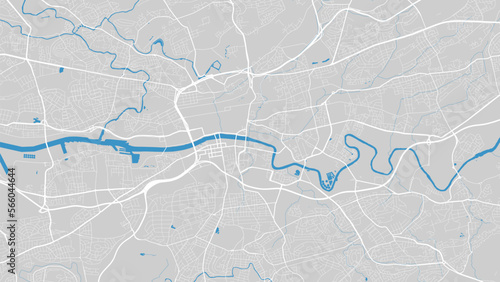 Clyde river map, Glasgow city, Scotland. Watercourse, water flow, blue on grey background road map. Vector illustration. photo