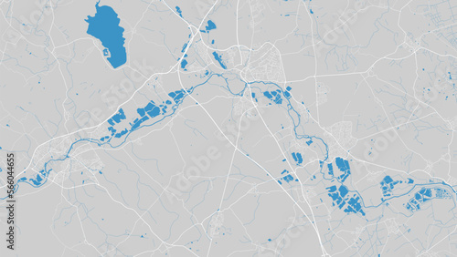 Great Ouse river map, England. Watercourse, water flow, blue on grey background road map. Vector illustration.