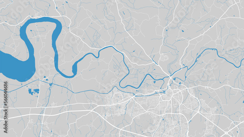 Severn river map, Gloucester, city, Wales, England. Watercourse, water flow, blue on grey background road map. Vector illustration.