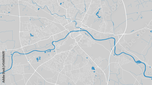 Ouse river map, York city, England. Watercourse, water flow, blue on grey background road map. Vector illustration.