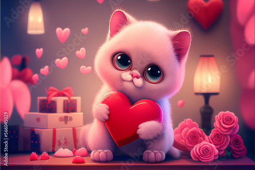 Romantic Kitten or Cat In Love. Valentines day. Generative AI.