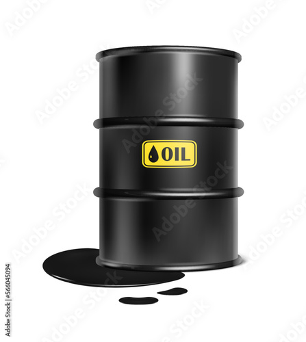 3d realistic vector illustration. Black oil barrel with  spilled black liquid.