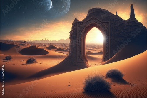 Magic portal in the desert, portal to fantasy dimension, digital illustration, Generative AI
