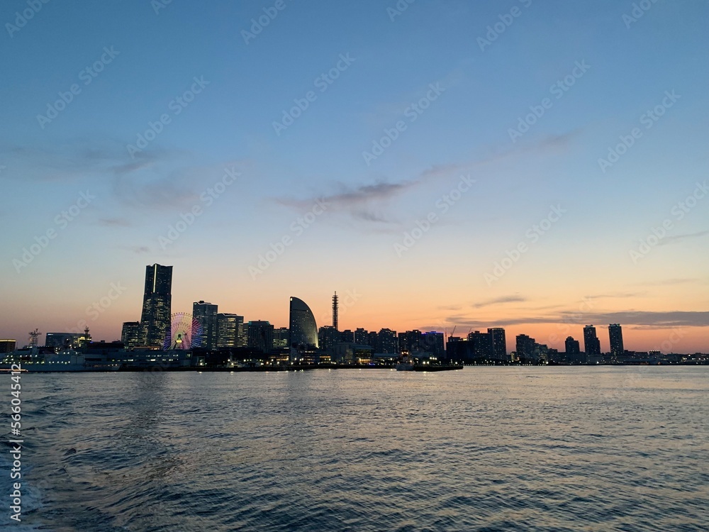 Cityscape of Yokohama, Japan as seen before sunset