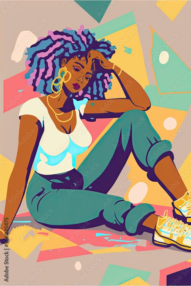 black woman sitting on the ground wearing 90s fashion, pastel color scheme, geometric abstract background, AI assisted finalized in Photoshop by me 