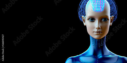 Cyber Girl humanoid robot with artificial intelligence – Generative AI 3D Illustration on black background photo