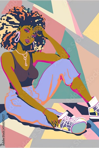 black woman sitting on the ground wearing 90s fashion, pastel color scheme, geometric abstract background, AI assisted finalized in Photoshop by me 