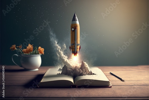Rocket coming out of notebook on top of wooden table, startup creation concept, Generative AI
