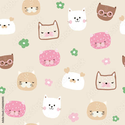 Fototapeta Naklejka Na Ścianę i Meble -  Cute cartoon cats seamless pattern. Childish pastel print. Vector hand drawn illustration.