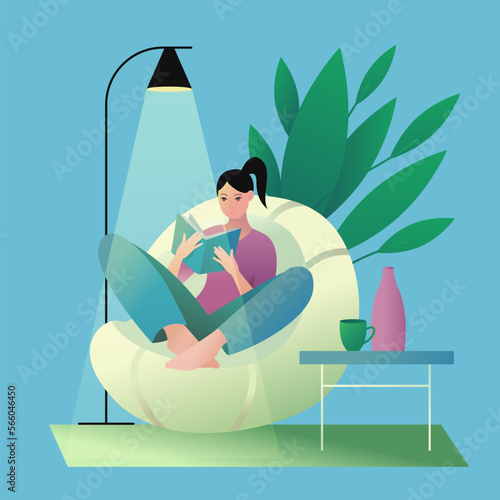 Girl reading book in home armchair vector illustration. Cartoon happy young woman sitting in soft comfortable bean bag chair with book to read, interior with lighting from lamp, house plants and table