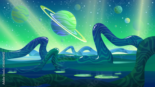 Alien landscape vector illustration. Cartoon planet with green magic and weird curves of fantastic monster plants on ground, Saturn and stars in sky and scary atmosphere, scene of fantasy alien world