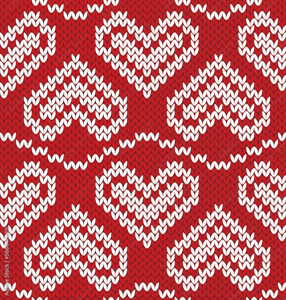 Valentine knitted jacquard seamless pattern. White hearts shape on red background. Vector illustration