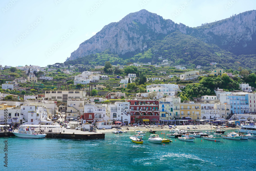 Fototapeta premium Beautiful view from the sea of Marina Grande port of Capri Island, Italy