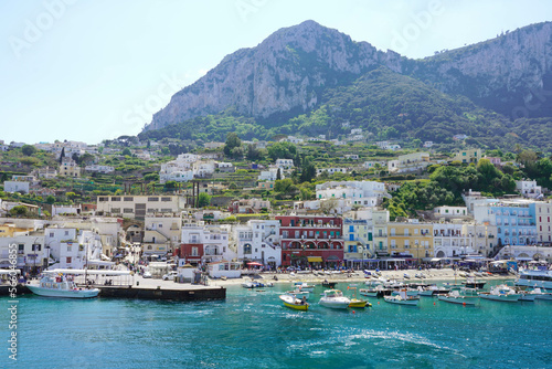 Beautiful view from the sea of Marina Grande port of Capri Island, Italy