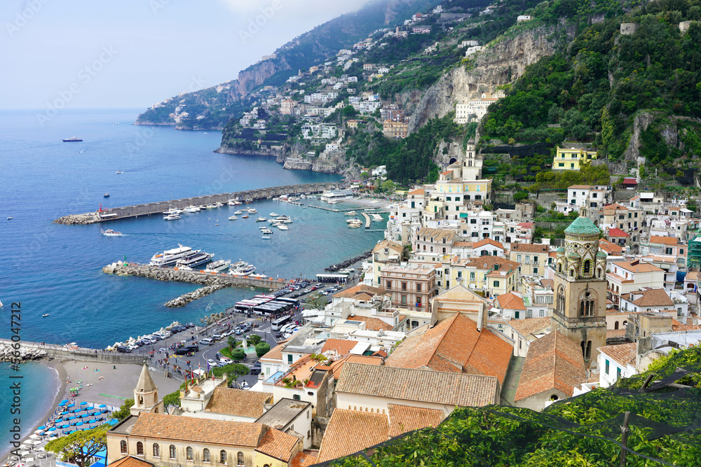 Stunning view of Amalfi town from above with the high ancient bell tower church, Amalfi Coast, Italy