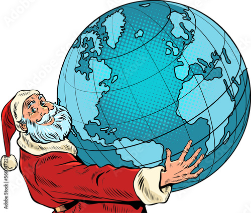 Santa Claus holds the planet earth in his hands. New Year and Christmas