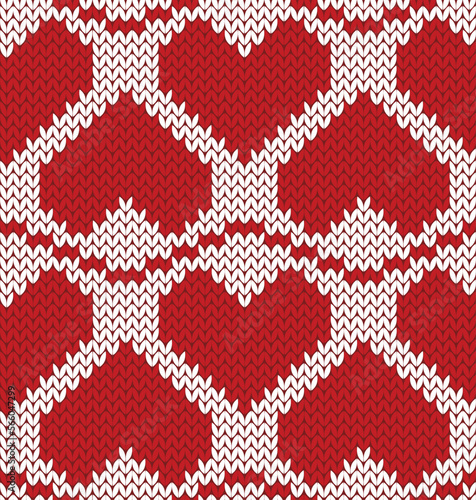Valentine knitted jacquard seamless pattern. Red heart shape on white background and wave. Vector illustration