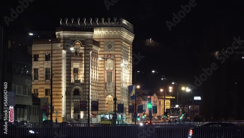 Sarajevo City Hall - Vijecnica at night, reconstructed after being destroyed in the Yugoslav war photo