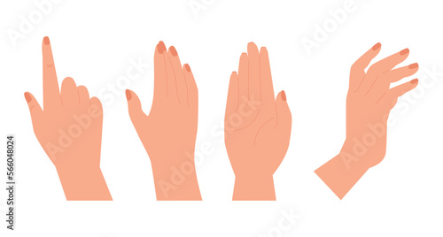 Hands set design in cartoon style. Hand shows different gestures signs. Collection isolated on white background. Vector