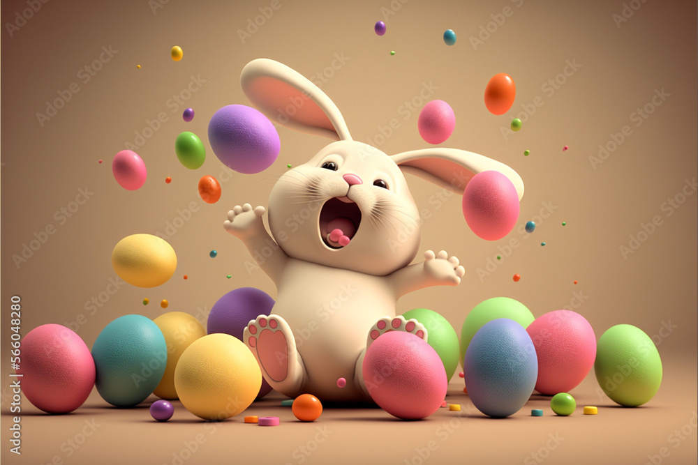 Happy Easter bunny throwing Easter eggs around him created by generative artificial intelligence, generative ai Happy Easter bunny throwing Easter eggs around him created by generative artificial intelligence, generative ai