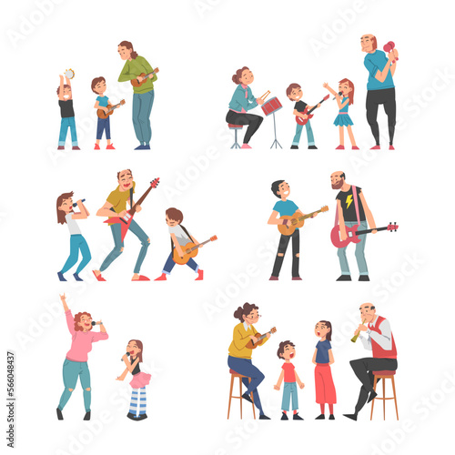 Grandpa and Grandma Singing and Playing Musical Instrument with Grandchild Vector Illustration Set