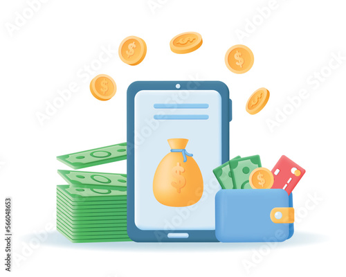 3d smartphone and money. Online payment, Internet banking, mobile phone transfer money and cashback, Easy Payments concept vector illustration isolated on white background.