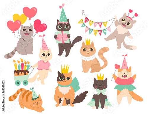 Birthday cats and princess cats flat icons set. Party with decor elements. Cake  colorful flags  crown and headband