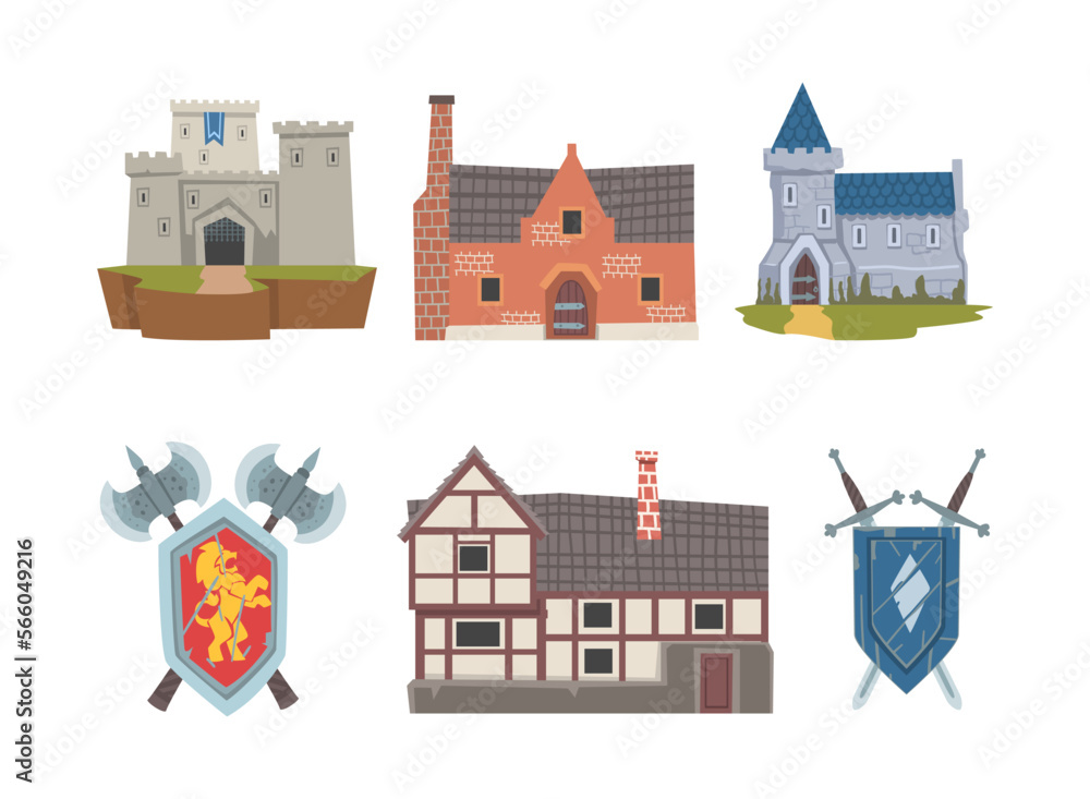 Naklejka premium Medieval Historical Residential House, Stone Castle and Coat of Arms Vector Set