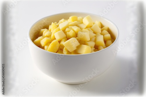  a bowl of diced potatoes on a white background with a white border around it and a white border around the bowl and the bowl.  generative ai