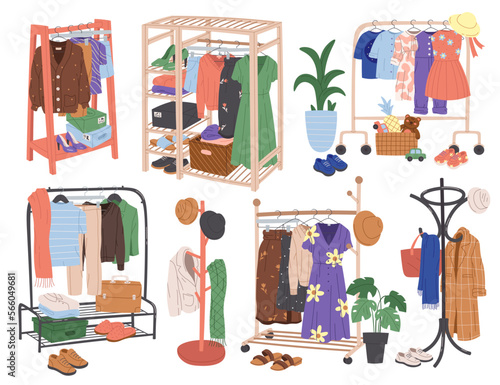 Clothes hanger flat icons set. Trendy summer outfits for children and adult. Wardrobe with dress, warm sweater, skirt