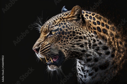 Sngry wild leopard Bare teeth on black isolated  background illustration generatiev ai