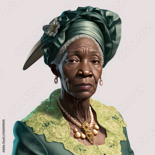 Fototapet Afro American or African dame, black elderly lady in old traditional English clo