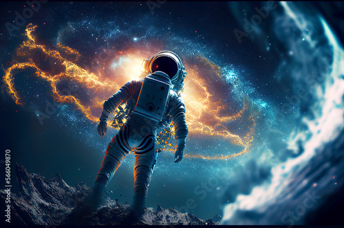 Astronaut floating in the space with galaxy and planet in background. Generative ai illustration  © BigMindOutfit