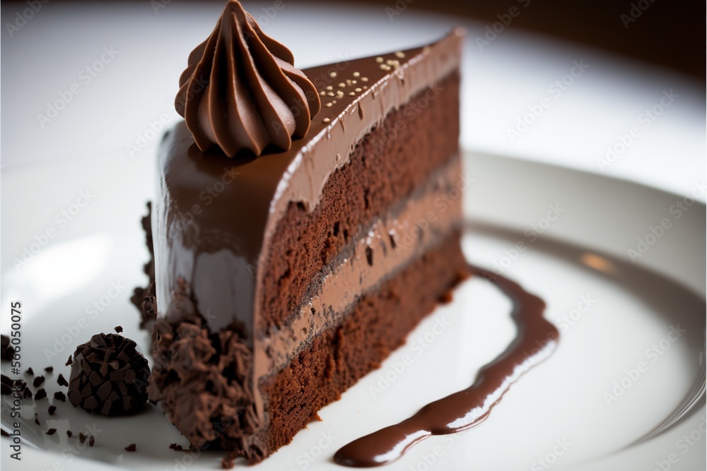 a piece of chocolate cake with chocolate icing on a plate with a chocolate drizzle on the side of it and a chocolate drizzled on the top. generative ai a piece of chocolate cake with chocolate icing on a plate with a chocolate drizzle on the side of it and a chocolate drizzled on the top. generative ai