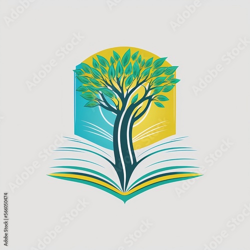 Educational logo, seed, tree, book, ancestral, white background, sky blue, yellow, green logo