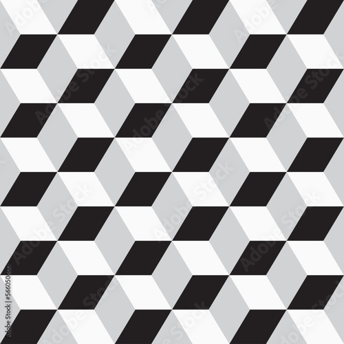 Vector seamless geometric pattern. Monochrome cubes repeatable background. Decorative black and white 3d texture.