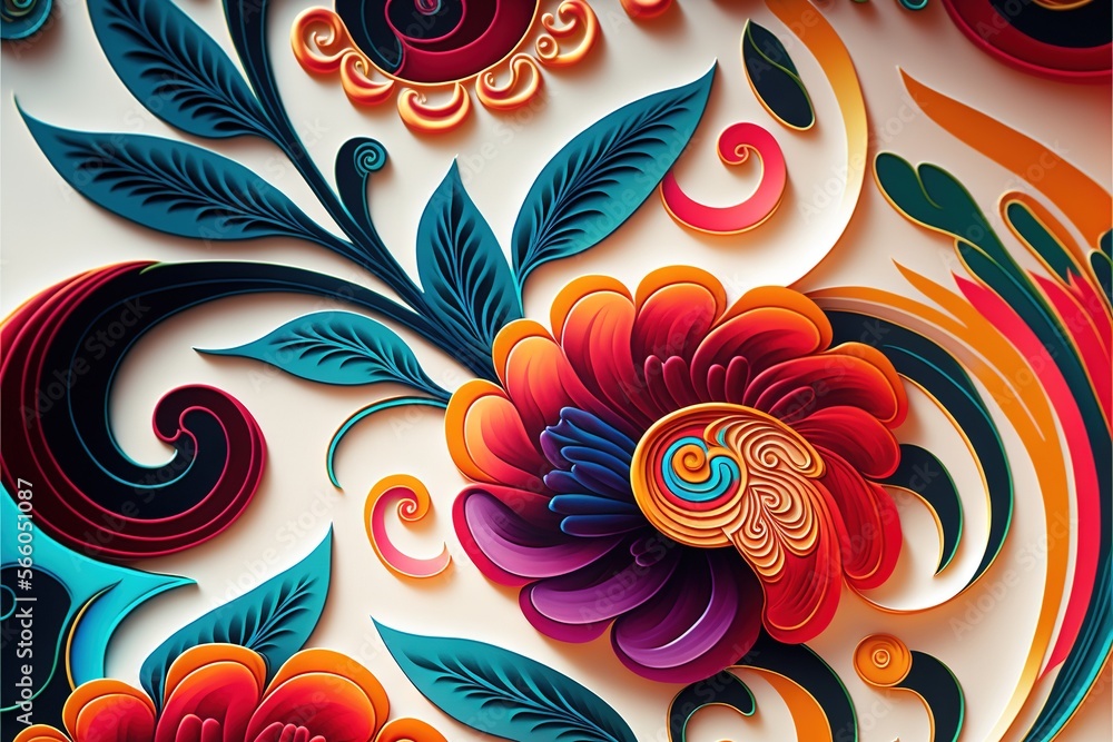 a painting of a flower with many colors on it's surface and a swirly design on the side of the wall, with a white background. generative ai a painting of a flower with many colors on it's surface and a swirly design on the side of the wall, with a white background. generative ai
