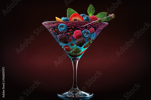 a colorful drink with berries and mints in a glass on a black background with a red background behind it and a black background behind it.  generative ai