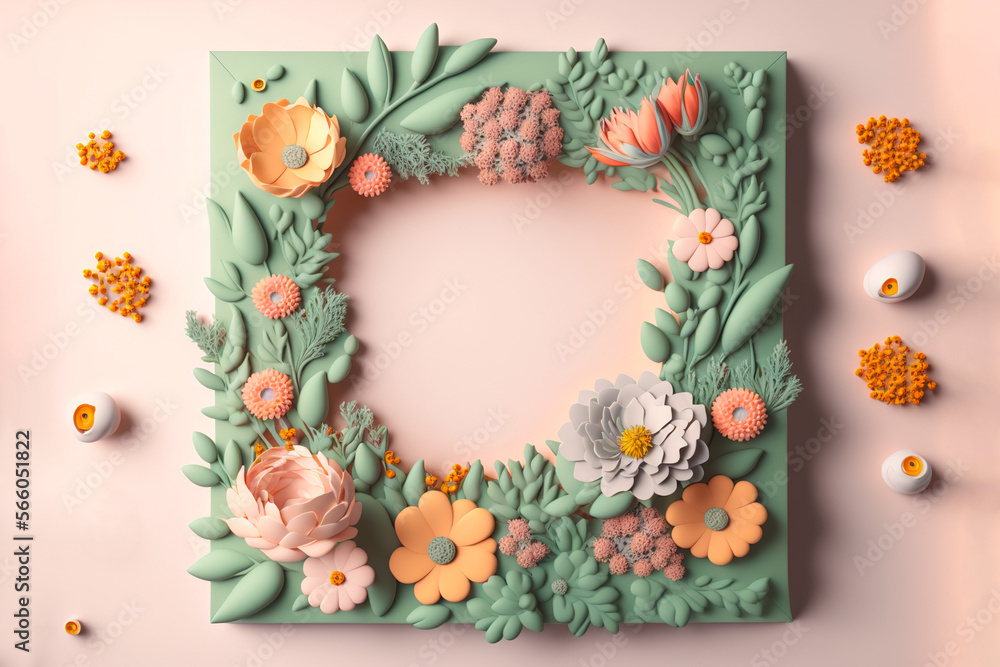 Frame of flowers, valentines day, plain soft gentle background, copy space, generative ai