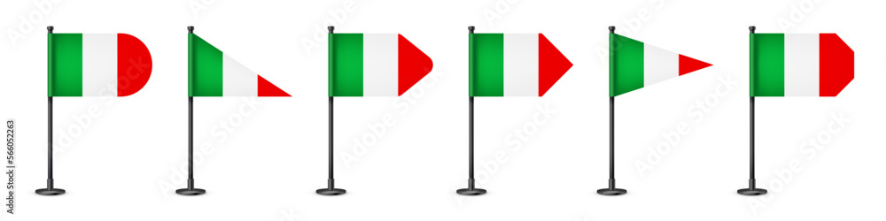 Realistic various Italian table flags on a black steel pole. Souvenir from Italy. Desk flag made of paper or fabric, shiny metal stand. Mockup for promotion and advertising. Vector illustration Realistic various Italian table flags on a black steel pole. Souvenir from Italy. Desk flag made of paper or fabric, shiny metal stand. Mockup for promotion and advertising. Vector illustration