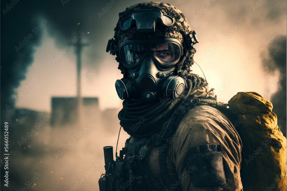 Special force military soldier with a gasmask. Post apocalyptic world after a nuclear strike or a natural disaster. Generative AI Special force military soldier with a gasmask. Post apocalyptic world after a nuclear strike or a natural disaster. Generative AI