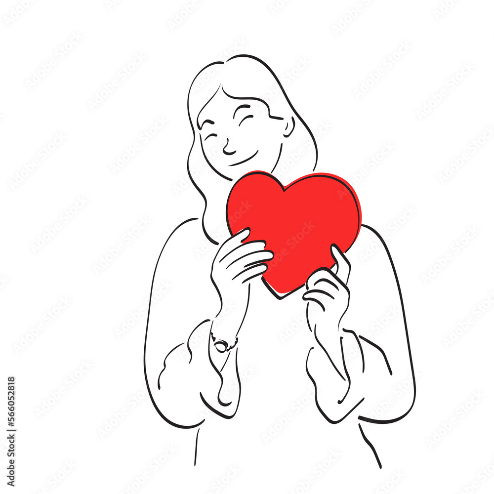 half length of woman holding red heart illustration vector hand drawn isolated on white background line art. half length of woman holding red heart illustration vector hand drawn isolated on white background line art.