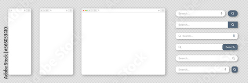 Blank internet browser window with various search bar templates. Web site engine with search box, address bar and text field. UI design, website interface elements. Vector illustration