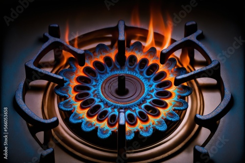  a blue and orange fire ring on a stove top with flames coming out of it's center and a black background with a white circle with a blue and orange center. generative ai