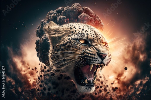 Angry wild Leopard in city with Explosion on the background illustration generative ai