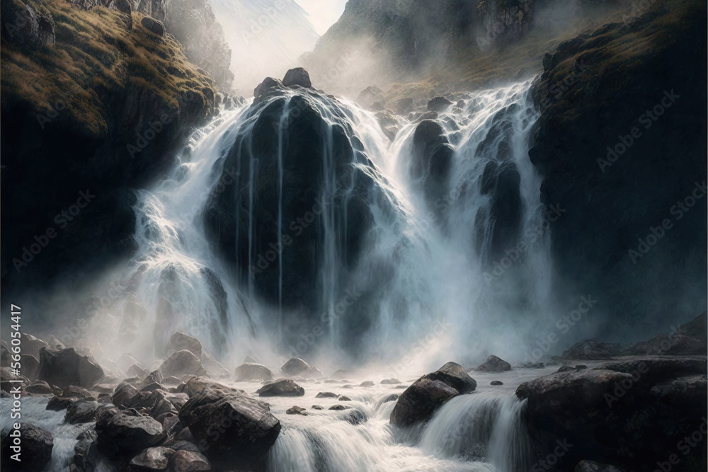 a painting of a waterfall with a mountain in the background and fog in the air above it, and a stream running between the rocks. generative ai a painting of a waterfall with a mountain in the background and fog in the air above it, and a stream running between the rocks. generative ai