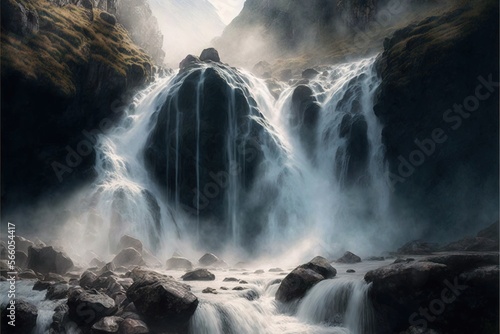  a painting of a waterfall with a mountain in the background and fog in the air above it  and a stream running between the rocks.  generative ai