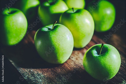 Fresh green apples on dark wood table, created with Generative AI