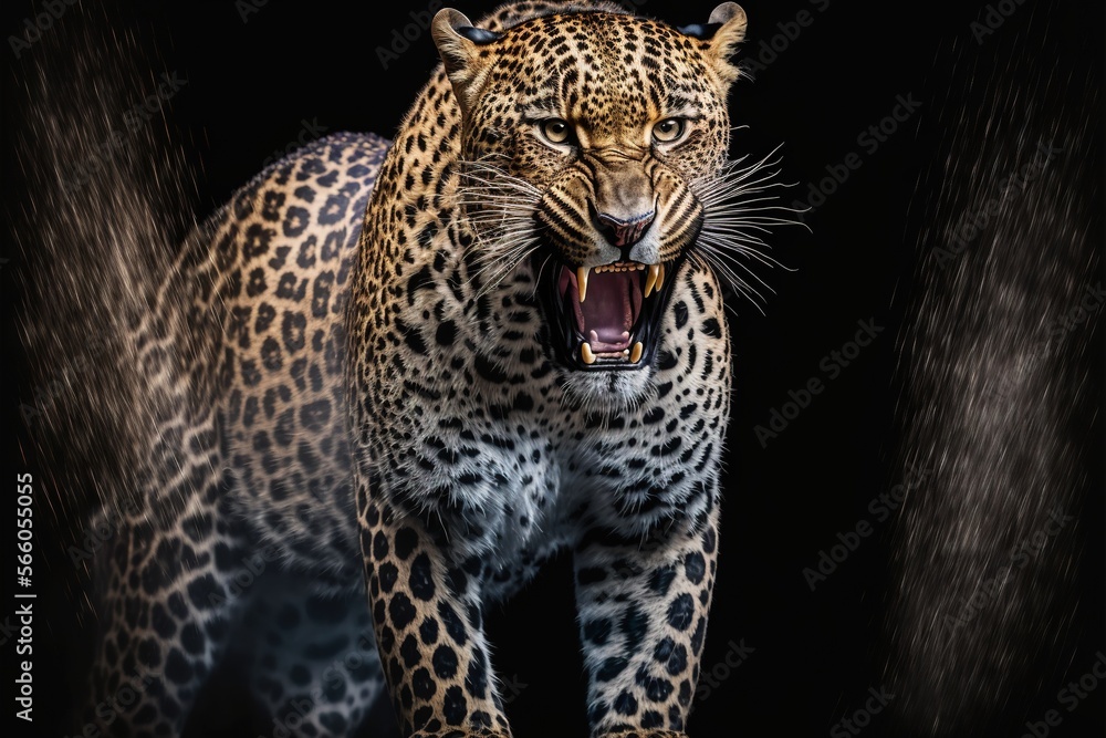 Fototapeta premium Bare teeth angry wild leopard roar black background isolated illustration generatiev ai