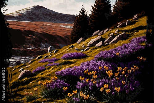  a painting of a hillside with flowers and rocks in the foreground and a mountain in the background with snow on the top of the mountain.  generative ai photo